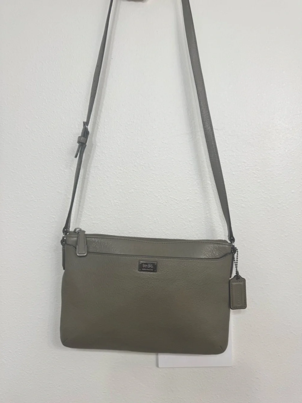 COACH MADISON LEATHER EAST WEST SWINGPACK OLIVE GREY ANTIQUE NICKEL